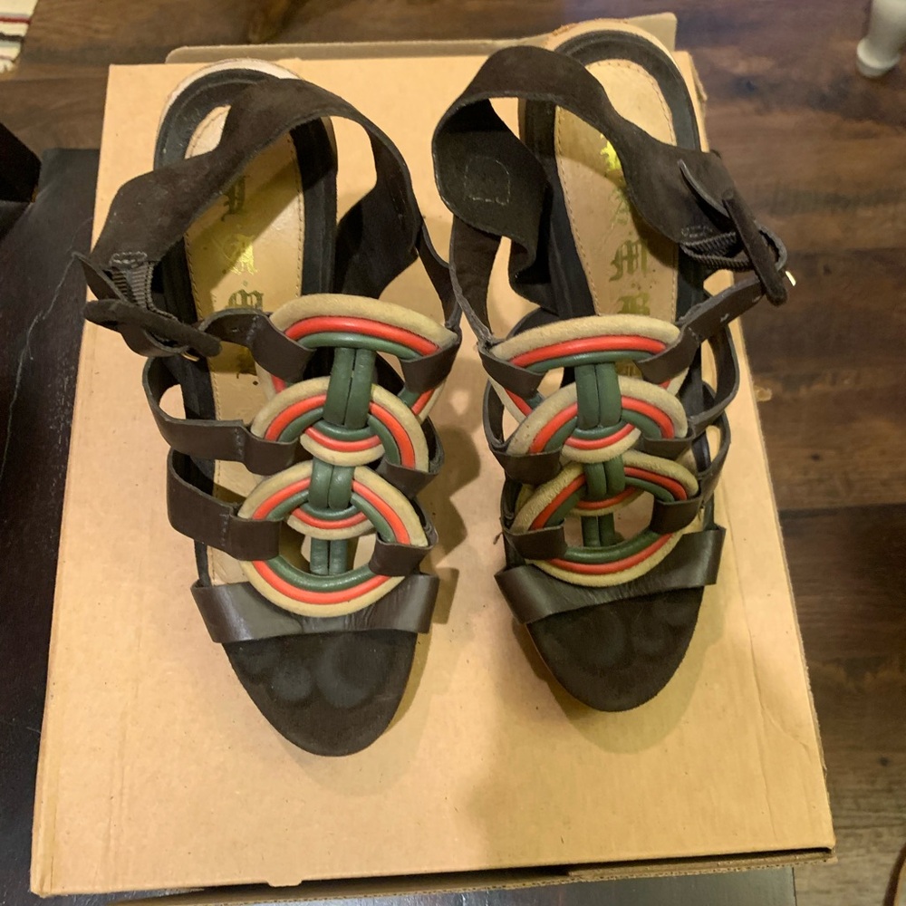 Vintage Gwen Stefani L.A.M.B. Dark Brown Strappy Heels with Multicolors